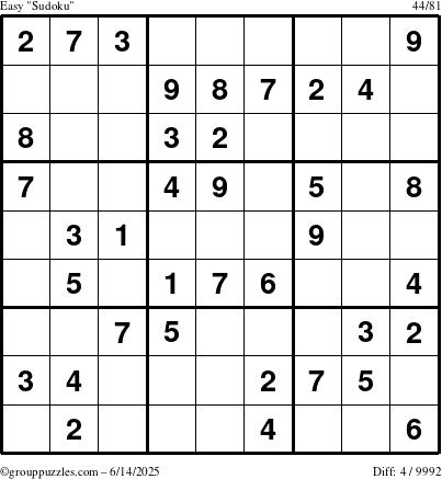 The grouppuzzles.com Easy Sudoku puzzle for Saturday June 14, 2025