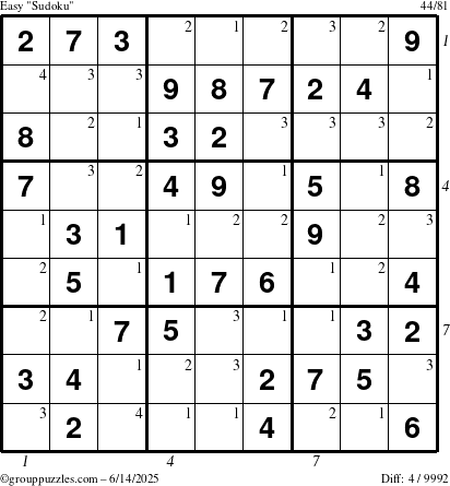 The grouppuzzles.com Easy Sudoku puzzle for Saturday June 14, 2025 with all 4 steps marked