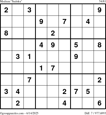The grouppuzzles.com Medium Sudoku puzzle for Saturday June 14, 2025
