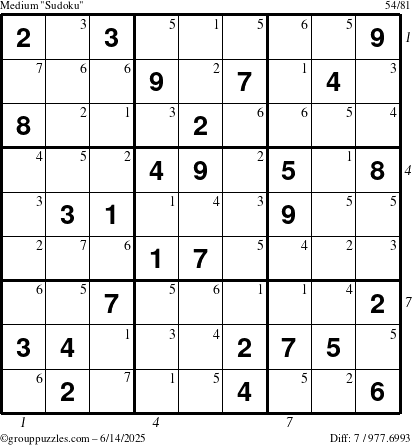 The grouppuzzles.com Medium Sudoku puzzle for Saturday June 14, 2025 with all 7 steps marked