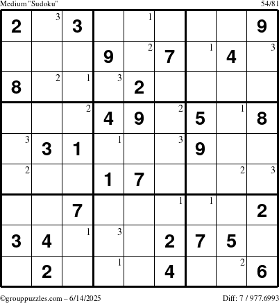 The grouppuzzles.com Medium Sudoku puzzle for Saturday June 14, 2025 with the first 3 steps marked
