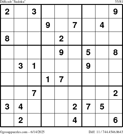 The grouppuzzles.com Difficult Sudoku puzzle for Saturday June 14, 2025