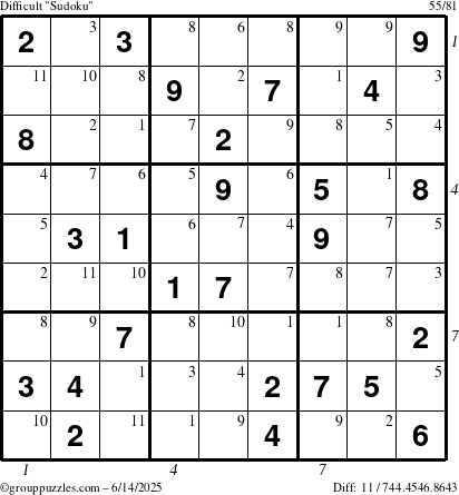 The grouppuzzles.com Difficult Sudoku puzzle for Saturday June 14, 2025 with all 11 steps marked