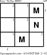 The grouppuzzles.com Easy TicTac-MNO puzzle for Saturday June 14, 2025 with all 2 steps marked