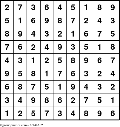 The grouppuzzles.com Answer grid for the Sudoku puzzle for Saturday June 14, 2025