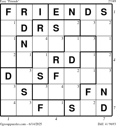 The grouppuzzles.com Easy Friends puzzle for Saturday June 14, 2025 with all 4 steps marked