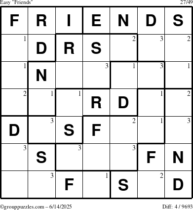 The grouppuzzles.com Easy Friends puzzle for Saturday June 14, 2025 with the first 3 steps marked