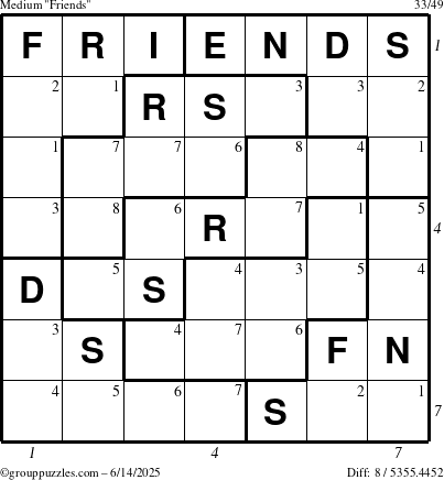 The grouppuzzles.com Medium Friends puzzle for Saturday June 14, 2025 with all 8 steps marked