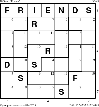 The grouppuzzles.com Difficult Friends puzzle for Saturday June 14, 2025 with all 12 steps marked
