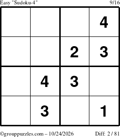 The grouppuzzles.com Easy Sudoku-4 puzzle for Saturday October 24, 2026
