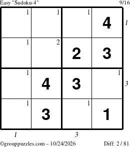 The grouppuzzles.com Easy Sudoku-4 puzzle for Saturday October 24, 2026, suitable for printing, with all 2 steps marked