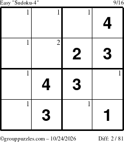 The grouppuzzles.com Easy Sudoku-4 puzzle for Saturday October 24, 2026 with the first 2 steps marked