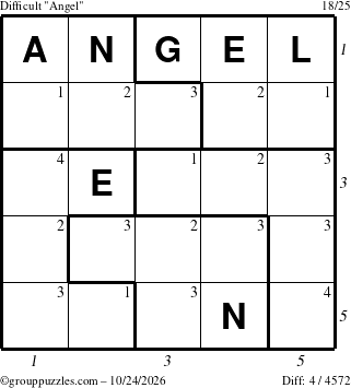 The grouppuzzles.com Difficult Angel puzzle for Saturday October 24, 2026, suitable for printing, with all 4 steps marked