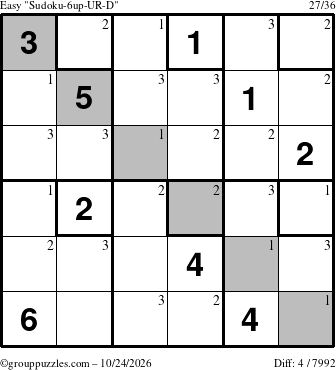 The grouppuzzles.com Easy Sudoku-6up-UR-D puzzle for Saturday October 24, 2026 with the first 3 steps marked