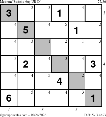 The grouppuzzles.com Medium Sudoku-6up-UR-D puzzle for Saturday October 24, 2026 with all 5 steps marked
