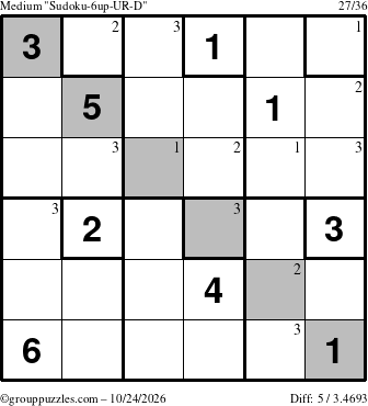 The grouppuzzles.com Medium Sudoku-6up-UR-D puzzle for Saturday October 24, 2026 with the first 3 steps marked