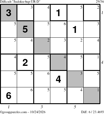 The grouppuzzles.com Difficult Sudoku-6up-UR-D puzzle for Saturday October 24, 2026, suitable for printing, with all 6 steps marked