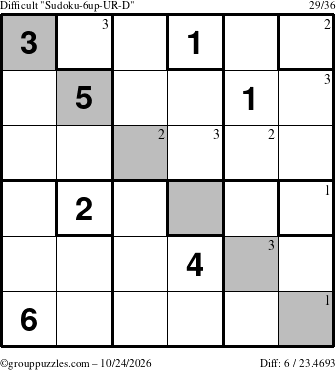 The grouppuzzles.com Difficult Sudoku-6up-UR-D puzzle for Saturday October 24, 2026 with the first 3 steps marked