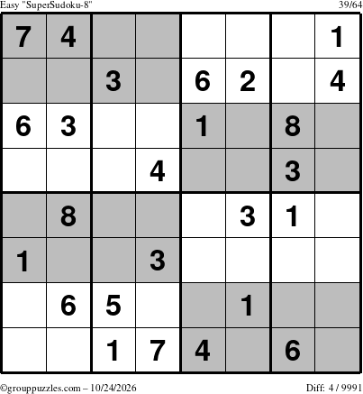 The grouppuzzles.com Easy SuperSudoku-8 puzzle for Saturday October 24, 2026