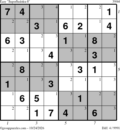 The grouppuzzles.com Easy SuperSudoku-8 puzzle for Saturday October 24, 2026, suitable for printing, with all 4 steps marked