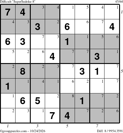 The grouppuzzles.com Difficult SuperSudoku-8 puzzle for Saturday October 24, 2026 with all 8 steps marked