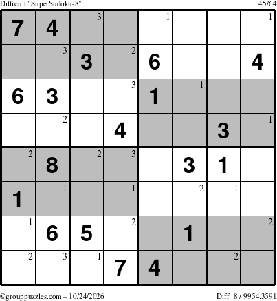 The grouppuzzles.com Difficult SuperSudoku-8 puzzle for Saturday October 24, 2026 with the first 3 steps marked