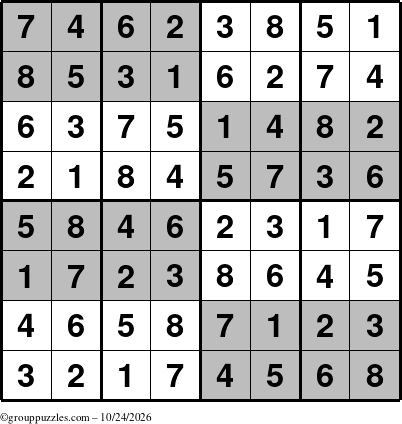 The grouppuzzles.com Answer grid for the SuperSudoku-8 puzzle for Saturday October 24, 2026