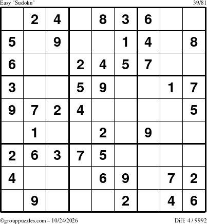 The grouppuzzles.com Easy Sudoku puzzle for Saturday October 24, 2026