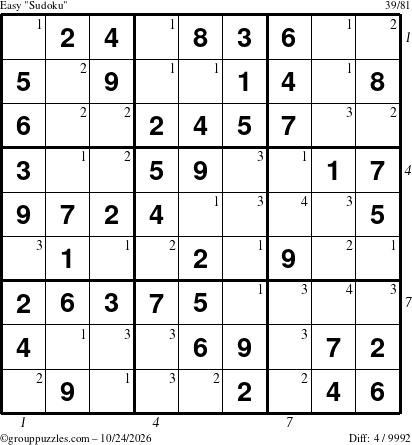 The grouppuzzles.com Easy Sudoku puzzle for Saturday October 24, 2026 with all 4 steps marked