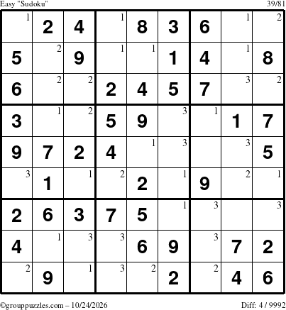 The grouppuzzles.com Easy Sudoku puzzle for Saturday October 24, 2026 with the first 3 steps marked