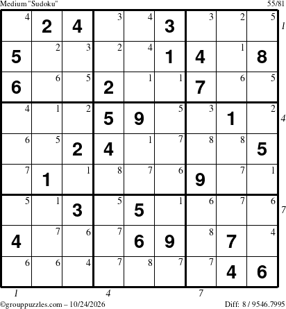 The grouppuzzles.com Medium Sudoku puzzle for Saturday October 24, 2026, suitable for printing, with all 8 steps marked