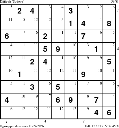 The grouppuzzles.com Difficult Sudoku puzzle for Saturday October 24, 2026 with all 12 steps marked