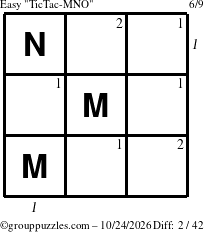 The grouppuzzles.com Easy TicTac-MNO puzzle for Saturday October 24, 2026 with all 2 steps marked