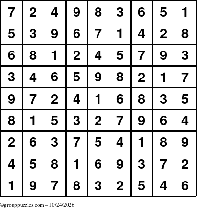 The grouppuzzles.com Answer grid for the Sudoku puzzle for Saturday October 24, 2026