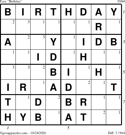 The grouppuzzles.com Easy Birthday puzzle for Saturday October 24, 2026 with all 3 steps marked