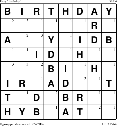 The grouppuzzles.com Easy Birthday puzzle for Saturday October 24, 2026 with the first 3 steps marked