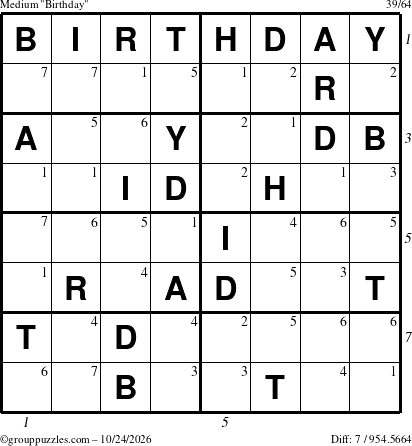 The grouppuzzles.com Medium Birthday puzzle for Saturday October 24, 2026 with all 7 steps marked