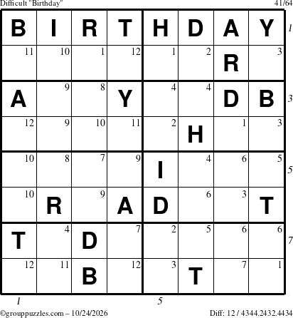 The grouppuzzles.com Difficult Birthday puzzle for Saturday October 24, 2026, suitable for printing, with all 12 steps marked