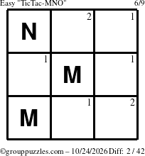 The grouppuzzles.com Easy TicTac-MNO puzzle for Saturday October 24, 2026 with the first 2 steps marked