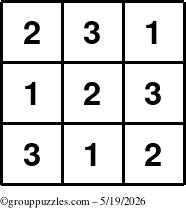 The grouppuzzles.com Answer grid for the TicTac-123 puzzle for Tuesday May 19, 2026