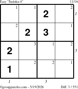 The grouppuzzles.com Easy Sudoku-4 puzzle for Tuesday May 19, 2026, suitable for printing, with all 3 steps marked