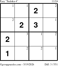 The grouppuzzles.com Easy Sudoku-4 puzzle for Tuesday May 19, 2026 with the first 3 steps marked