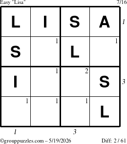 The grouppuzzles.com Easy Lisa puzzle for Tuesday May 19, 2026 with all 2 steps marked