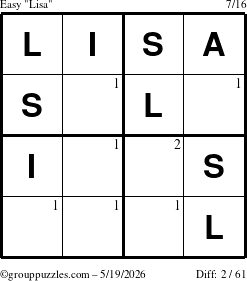 The grouppuzzles.com Easy Lisa puzzle for Tuesday May 19, 2026 with the first 2 steps marked
