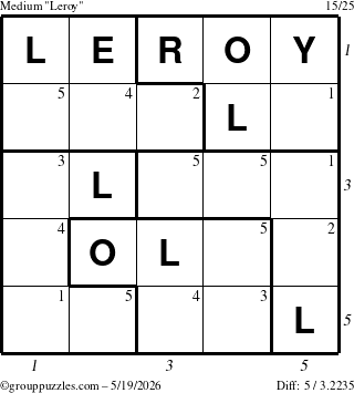 The grouppuzzles.com Medium Leroy puzzle for Tuesday May 19, 2026, suitable for printing, with all 5 steps marked