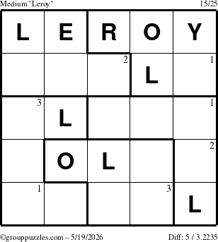 The grouppuzzles.com Medium Leroy puzzle for Tuesday May 19, 2026 with the first 3 steps marked
