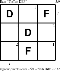 The grouppuzzles.com Easy TicTac-DEF puzzle for Tuesday May 19, 2026, suitable for printing, with all 2 steps marked