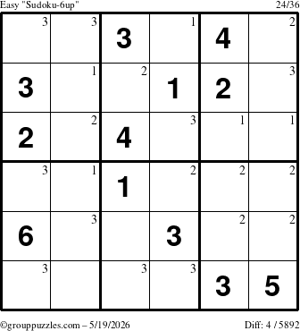 The grouppuzzles.com Easy Sudoku-6up puzzle for Tuesday May 19, 2026 with the first 3 steps marked