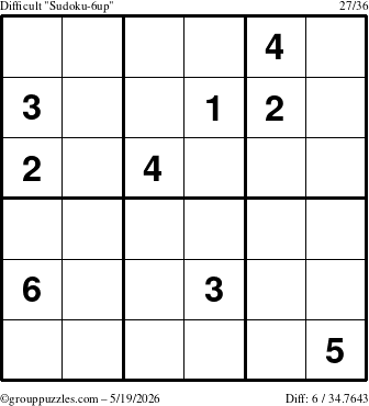 The grouppuzzles.com Difficult Sudoku-6up puzzle for Tuesday May 19, 2026