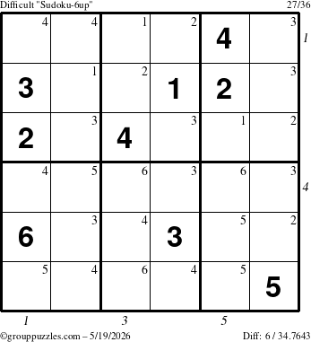 The grouppuzzles.com Difficult Sudoku-6up puzzle for Tuesday May 19, 2026 with all 6 steps marked